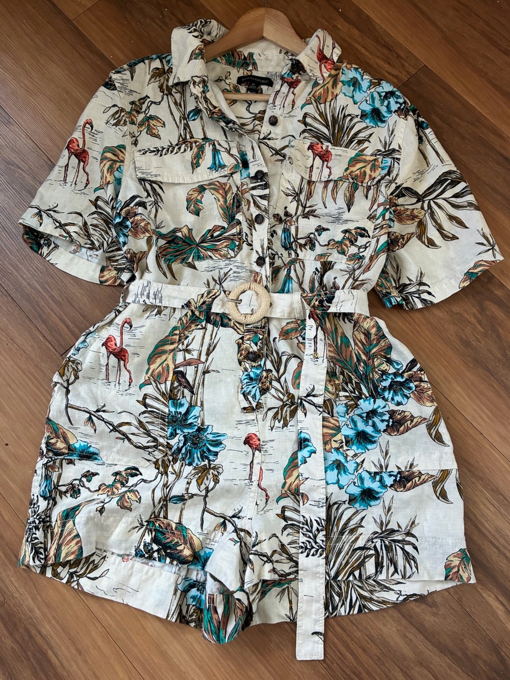 Banana Republic Linen Tropical Flamingo Print Belted Romper Size M Vacations